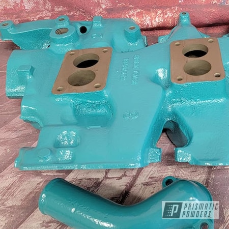 Powder Coating: Intake Manifold,Auto Parts,Automotive,RAL 5018 Turquoise Blue,Automotive Parts,Vintage Pontiac Intake Manifold
