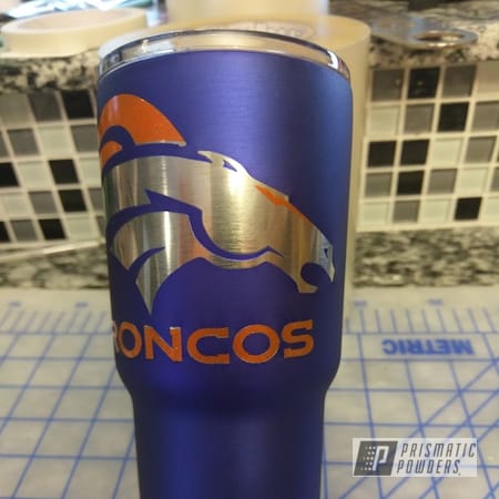 Powder Coating: Intense Blue PPB-4474,Striker Gold PPB-6361,Miscellaneous,Casper Clear PPS-4005,Bronco Cup,Denver Broncos Theme,Custom Cup,Three Powder Application,Clear Coat Used,NFL Football