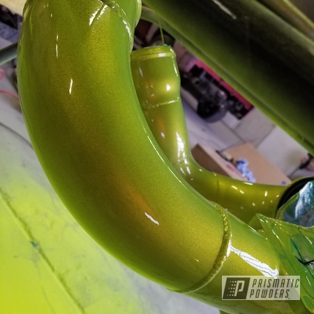 Powder Coating: Turbo Parts,Two Stage Application,Alien Silver PMS-2569,Automotive,Shocker Yellow PPS-4765,Duramax Intercooler/ Turbo Piping