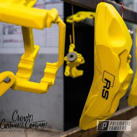 Powder Coating: Automotive,Calipers,Two Stage Application,Custom Finish,Brake Calipers,Audi,Spring Yellow PSS-0118,RS,Caliper,Casper Clear PPS-4005