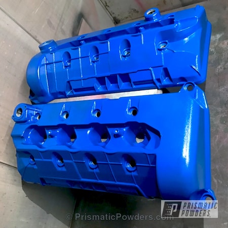 Powder Coating: Custom Engine Covers,Feather Blue River PRB-6114,Powder Coated Engine Covers,Single Powder Application,Automotive,Solid Tone,Mustang Head Cover