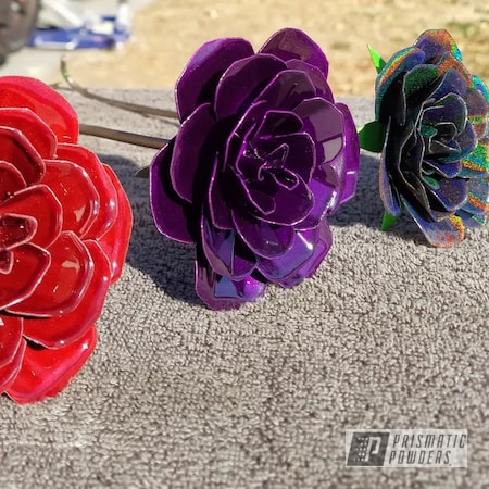 Powder Coating: 2 Stage Application,3 Color Application,Oil Rubbed Wrinkle EWB-0681,Illusion Purple PSB-4629,Flower,Roses,3 Tone,Metal Flower,Metal Roses,Flowers,Prismatic Universe PMB-10367,Rose,LOLLYPOP RED UPS-1506,Shugga Thrillz UMB-10714,Lime Juice Green PMB-2304
