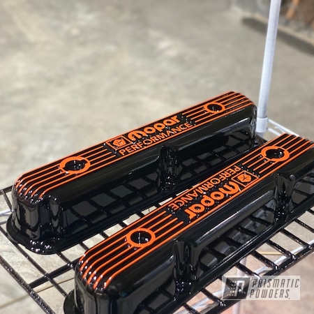 Powder Coating: Automotive,Clear Vision PPS-2974,2 Tone,Duster,Valve Covers,GLOSS BLACK USS-2603,Mopar,Two Tone,Valve Cover,Automotive Parts,Hemi Orange PSB-5898