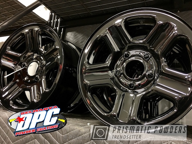 Powder Coating: Ink Black PSS-0106,Jeep Rim,Clear Vision PPS-2974,Automotive,Color Change,Clear Coat Used,Wheels