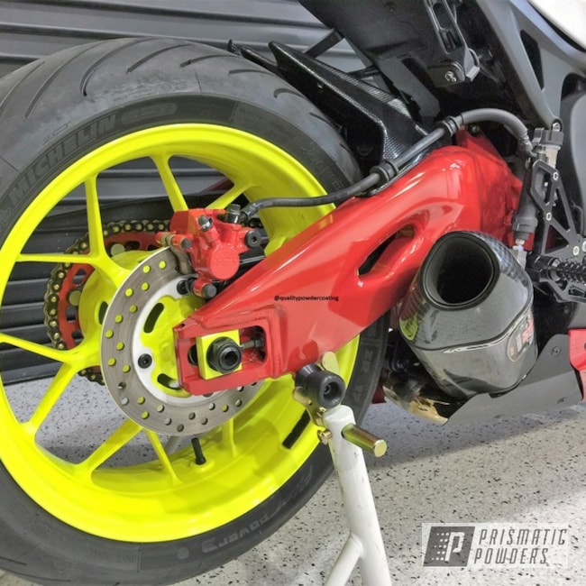 Motorcycle Swing Arm And Wheels Coated In Honda Yellow, Astatic Red And Gloss White