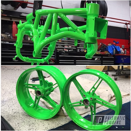Powder Coating: Motorcycles,Two Stage Application,Motorcycle Frame,Neon Green PSS-1221,Wheels