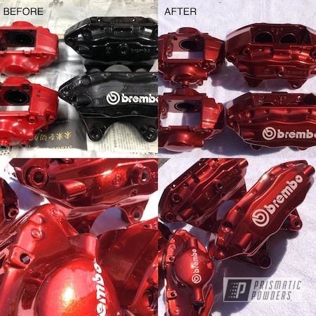 Powder Coating: SUPER CHROME USS-4482,Brembo Brake Calipers,LOLLYPOP RED UPS-1506,Automotive,Brake Calipers,Before and After