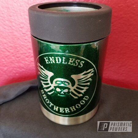 Powder Coating: Clear Vision PPS-2974,Two Stage Application,Illusion Green PMS-4516,Custom Drinkware,Custom Cup,Can Koozie