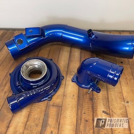 Powder Coating: Automotive Parts,Ford,POLISHED ALUMINUM HSS-2345,Clear Vision PPS-2974,2 stage,Automotive,Turbo Housing,Intake Pipe,Intake Pipes,Cheater Blue PPB-6815