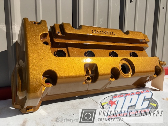 Powder Coating: Valve Cover,Clear Vision PPS-2974,Illusion Spanish Fly PMB-6920,Automotive,Valve Cover Refurbish,Clear Coat Used,Honda Automotive