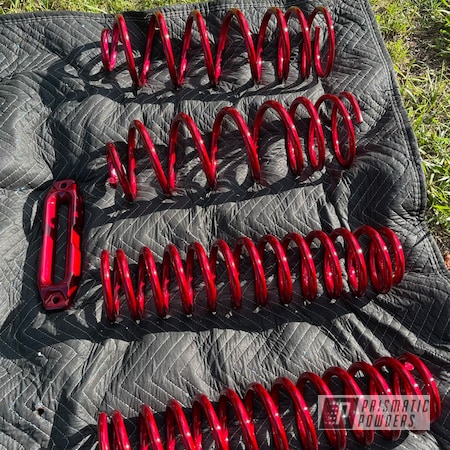 Powder Coating: Automotive,Coils,POLISHED ALUMINUM HSS-2345,Springs,2 stage,Jeep,Soft Red Candy PPS-2888