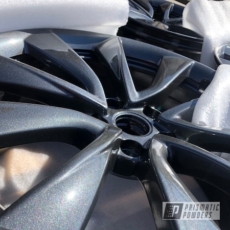 Powder Coating: Wheels,Model 3,Automotive,2 stage,19" Aluminum Rims,Automotive Rims,FIM,Aluminum Wheels,Sandblasting,Graphite Charcoal PMB-5458,Clear Vision PPS-2974,Rims,2 Stage Application,Tesla