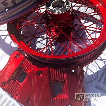 Powder Coating: Wheels,Spoked Wheels,LOLLYPOP RED UPS-1506,Rims,cam covers,Red,Two Coat Application,Motorcycles,Chrome Base Coat,Spoked Rims,Spoked