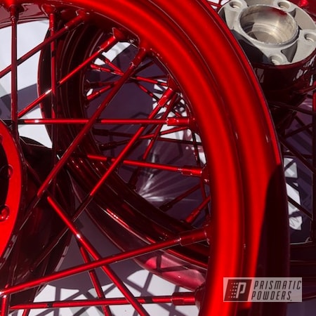 Powder Coating: Motorcycles,Spoked Rims,Chrome Base Coat,cam covers,Rims,Spoked,Two Coat Application,LOLLYPOP RED UPS-1506,Red,Spoked Wheels,Wheels