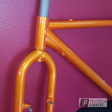 Powder Coating: Two Stage Application,Bicycles,Clear Vision PPS-2974,Custom Bicycle Frame,Illusion Orange PMS-4620,Bicycle Frame