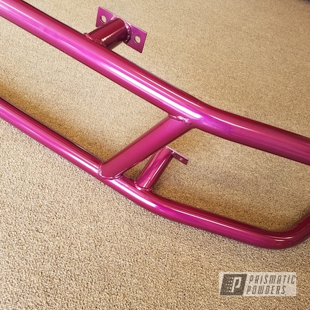 Powder Coating: Automotive,Powder Coated Race Car Chassis & Bumpers,SUPER CHROME USS-4482,Two Stage Application,ANODIZED GRAPE UPB-1510,Bumper