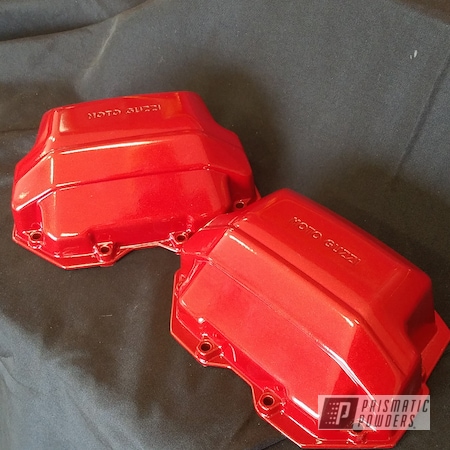 Powder Coating: Motorcycles,Two Stage Application,Powder Coated Valve Cover,Clear Vision PPS-2974,Moto Guzi,Motorcycle Parts,Illusion Red PMS-4515