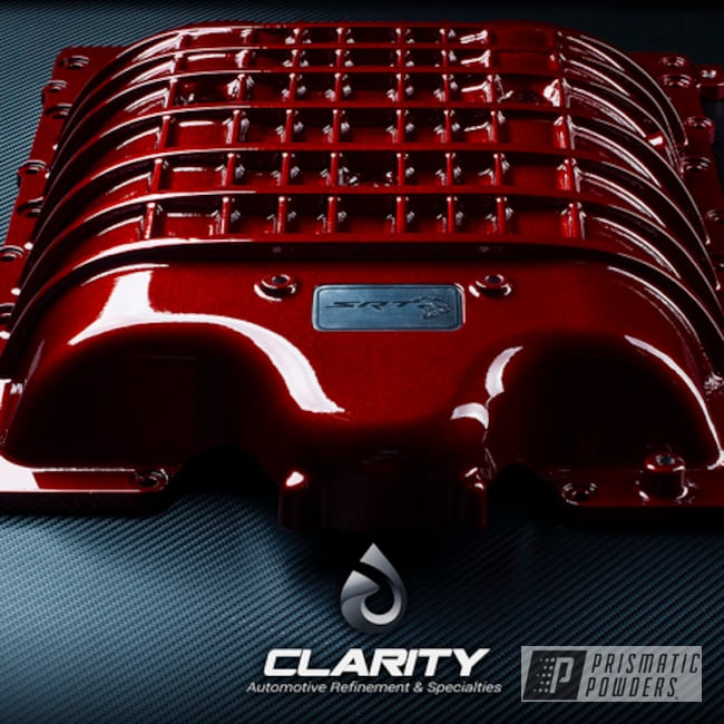 Supercharger Cover For A Hellcat Challenger In An Illusion Cherry And Clear Vision Powder Coat Finish