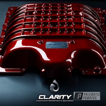 Supercharger Cover For A Hellcat Challenger In An Illusion Cherry And Clear Vision Powder Coat Finish