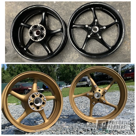 Powder Coating: Motorcycles,2 Stage Application,Gold Smith EMB-2573,2 stage,Casper Clear PPS-4005,Yamaha,R6,Motorcycle Wheels,Wheels