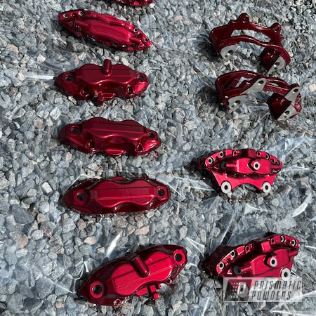 Powder Coating: Automotive,Calipers,Clear Vision PPS-2974,Brembo,2 Stage Application,Brake Calipers,Illusion Cherry PMB-6905,2 stage