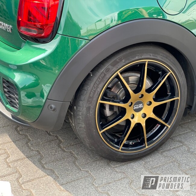 Powder Coated Clear Vision, Spanish Gold And Ink Black Mini Cooper Wheels