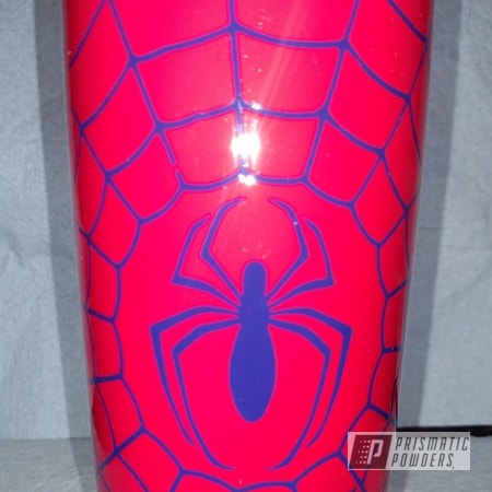 Powder Coating: Spiderman,Tumbler,cup,Custom Tumbler Cup,Two Stage Application,Clear Vision PPS-2974,RAL 3027 Raspberry Red,RAL 5022 Night Blue