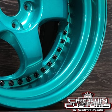 Custom 2 Piece Wheels Refinished In Super Chrome Base &  Jamaican Teal Top Coat With The Barrels In Gloss Black
