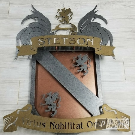 Powder Coating: Coat of Arms,Powder Coated Sign,Sign,signage,Splatter Brass PWB-6638,Custom Sign,Textured,Silver Artery PVS-3014,Copperwood-(Discontinued) EVS-2434,Metal Sign