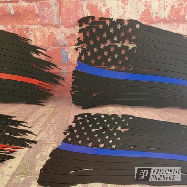 Powder Coated Manhattan Blue, Ral 3002 And Black Jack American Flags