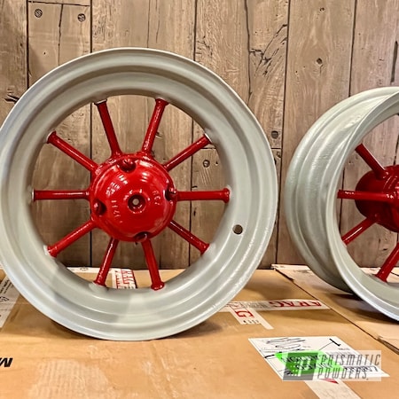 Powder Coating: Wheels,Tractor Parts,Two Stage Application,Rims,Vampire Red PSS-3013,Two Tone Wheels,Misty Grey PMB-4592,Tractor,Tractor Wheels,Farmall Tractor,Tractor Restoration