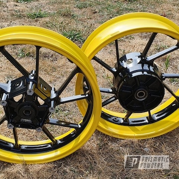 Powder Coated Ral 1021 And Ral 9005 Two Tone Motorcycle Wheels