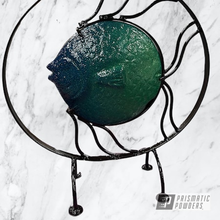 Powder Coating: FRACTURED ILLUSION APPLE PVB-10294,Intense Blue PPB-4474,SILVER METALLIC II PMB-0513,Metal Fish,Miscellaneous,Fish Theme,Fish,Clear Vision PPS-2974,Statue,Art