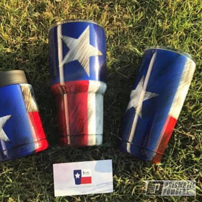 Powder Coated Cups Coated In A Texas Flag Theme