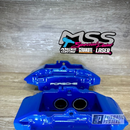 Powder Coating: Brake,Savannah Blue PSS-0892,Clear Vision PPS-2974,Brembo Brake Calipers,Automotive,WHISPER WHITE USS-0238,Prismatic Powders,Porche Calipers