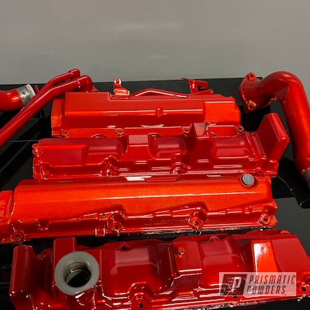 Powder Coating: Nissan,300zx valve covers,Engine Parts,Clear Vision PPS-2974,Automotive,coolant pipe,Custom Automotive,Illusion Red PMS-4515