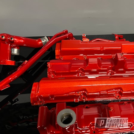 Powder Coating: Nissan,300zx valve covers,Engine Parts,Clear Vision PPS-2974,Automotive,coolant pipe,Custom Automotive,Illusion Red PMS-4515