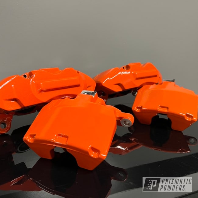 Powder Coated Chevy Orange And Poly Clear Chevy Calipers
