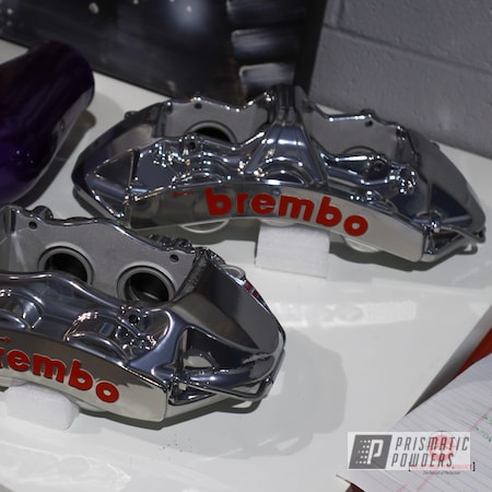 Powder Coating: Brembo,Flame Red PSS-5082,Stencil,Clear Vision PPS-2974,Brembo Brake Calipers,SUPER CHROME USS-4482,Super,Automotive,Custom Two Tone,Calipers,Super Chrome Plus UMS-10671,Two Tone