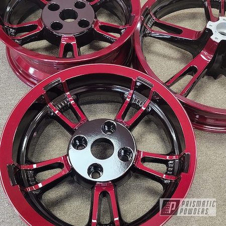 Powder Coating: Automotive,Harley Davidson,Clear Vision PPS-2974,2 Color Application,Ink Black PSS-0106,Powder Coated Motorcycle Wheels,Harley Davidson Trike,Illusion Cherry PMB-6905,Trike Rims