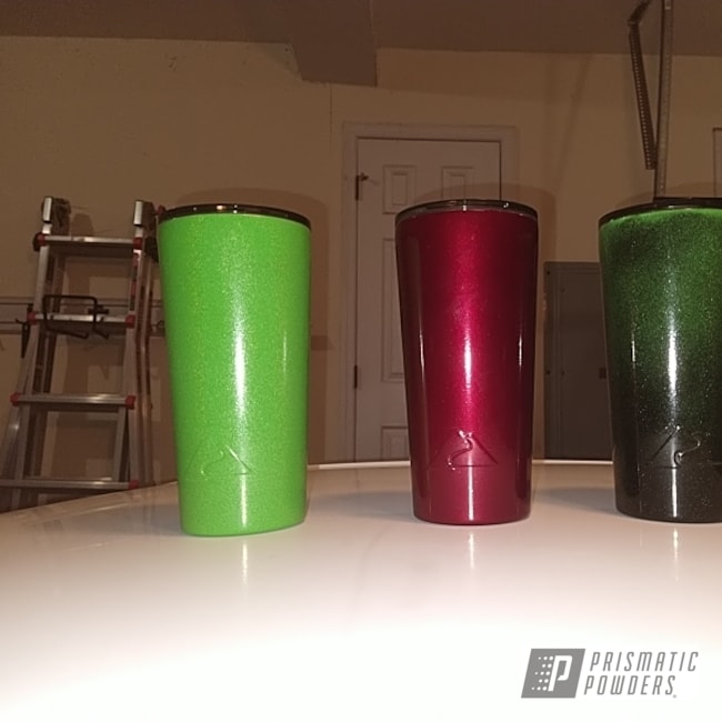 Powder Coated Green Mirage, Clear Vision, Illusion Cherry And Gloss Black Tumbler
