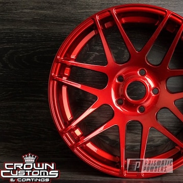 Powder Coated Forgestar F14 Wheels Refinished In A Chrome Base With A Red And Blue Top Coat