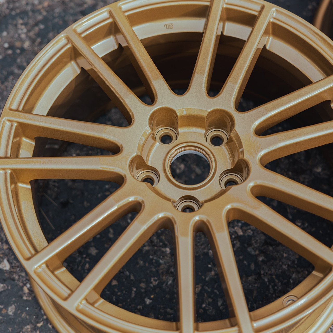 “SATIN POLY GOLD” on SUBARU STI OEM Wheels | PRISMATIC POWDERS®