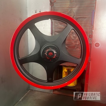 Powder Coated Black Satin Texture And Wizard Red Harley Wheel