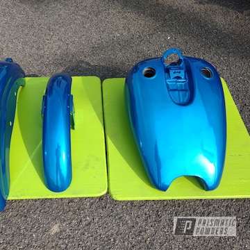 Clear Vision, Zinc Primer, Super Chrome Plus And Maui Blue Motorcycle Tank And Fenders