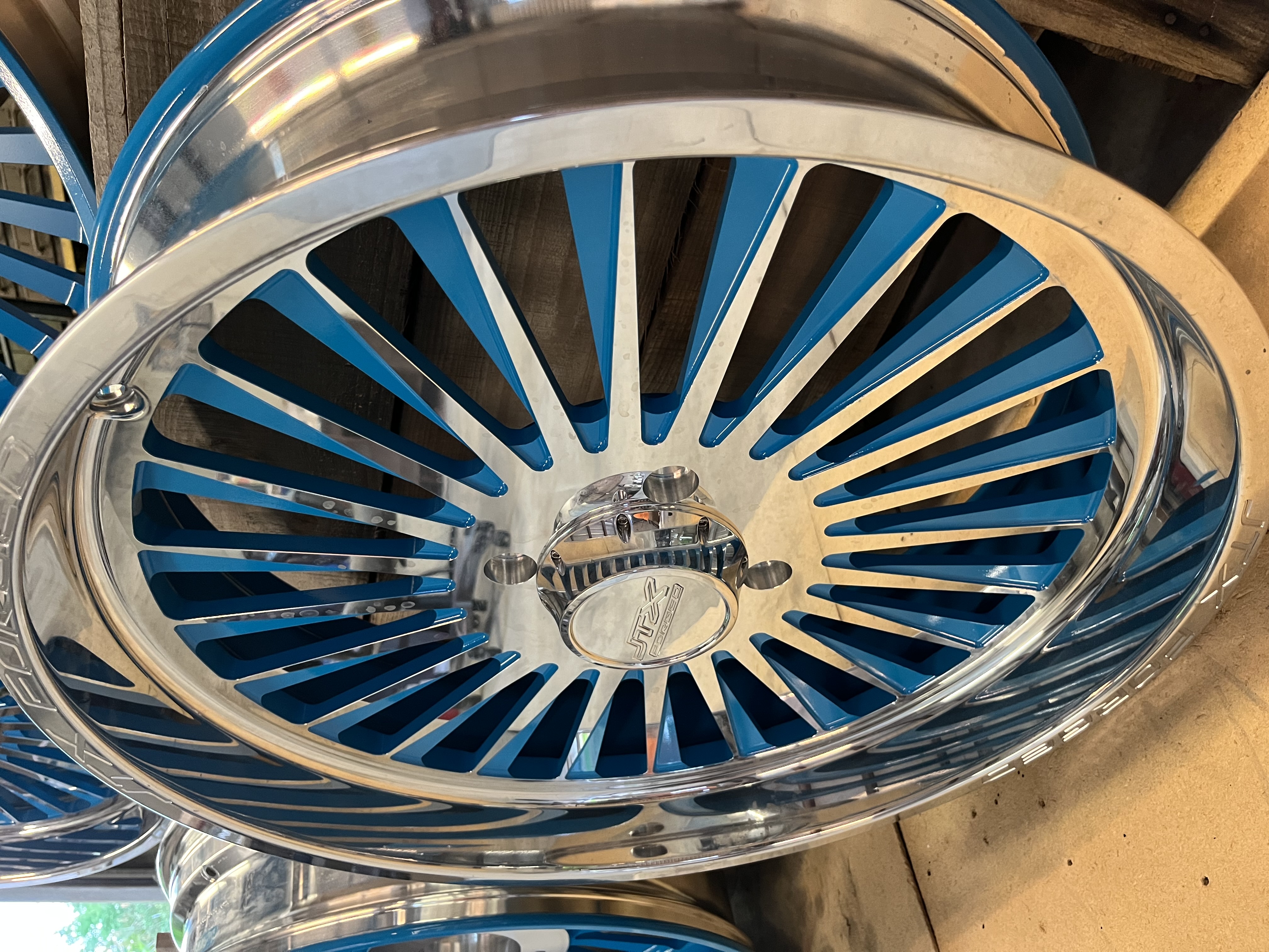 Powder Blue Rims JTX Wheels finished in Octane Blue and Clear Vision | Prismatic Powders