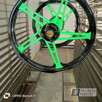 Powder Coated Neon Green, Neon Yellow, Brassy Gold, Gloss Black, Super Chrome Plus And Anodized Blue Motorcycle Rims