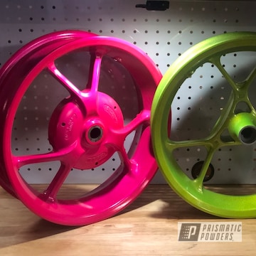 Powder Coated Glowing Yellow, Corkey Pink And Alien Silver Yamaha Underbone Motorcycle Rims