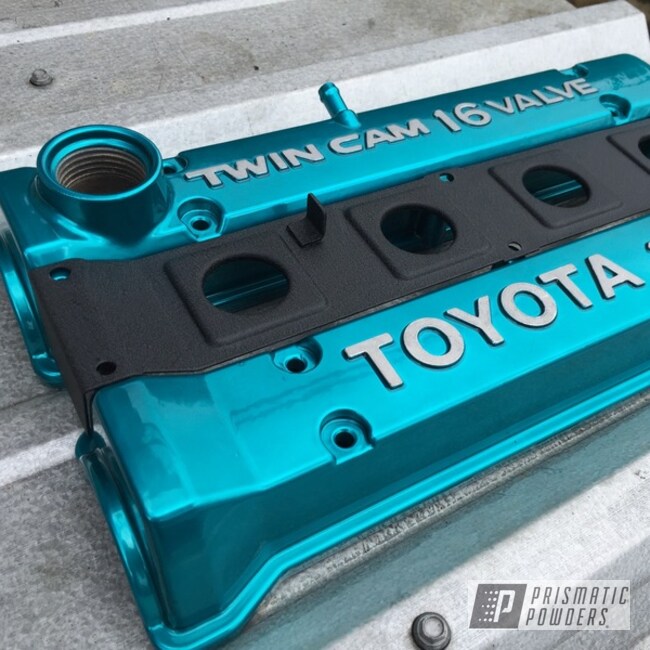 Powder Coated Jamaican Teal And Super Chrome Plus Toyota Valve Cover