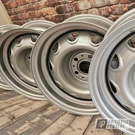Powder Coating: Steel Wheels,15 Inch Wheels,BMW Silver PMB-6525,15" Steel Wheels,Automotive Rims,Clear Vision PPS-2974,Automotive Wheels